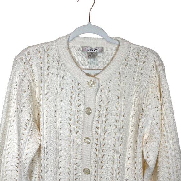 Jenny Cardigan Sweater Cable Knit Pointelle Button Front Cottagecore Cream 1X - Picture 8 of 11